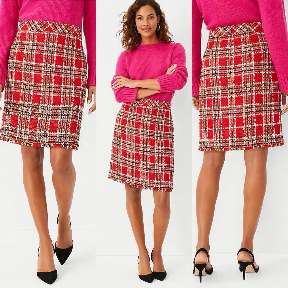 Ann Taylor Plaid Fringe Tweed Skirt Classic Red 578511 Sz 4 Top Of Knee NWOT - Picture 2 of 16